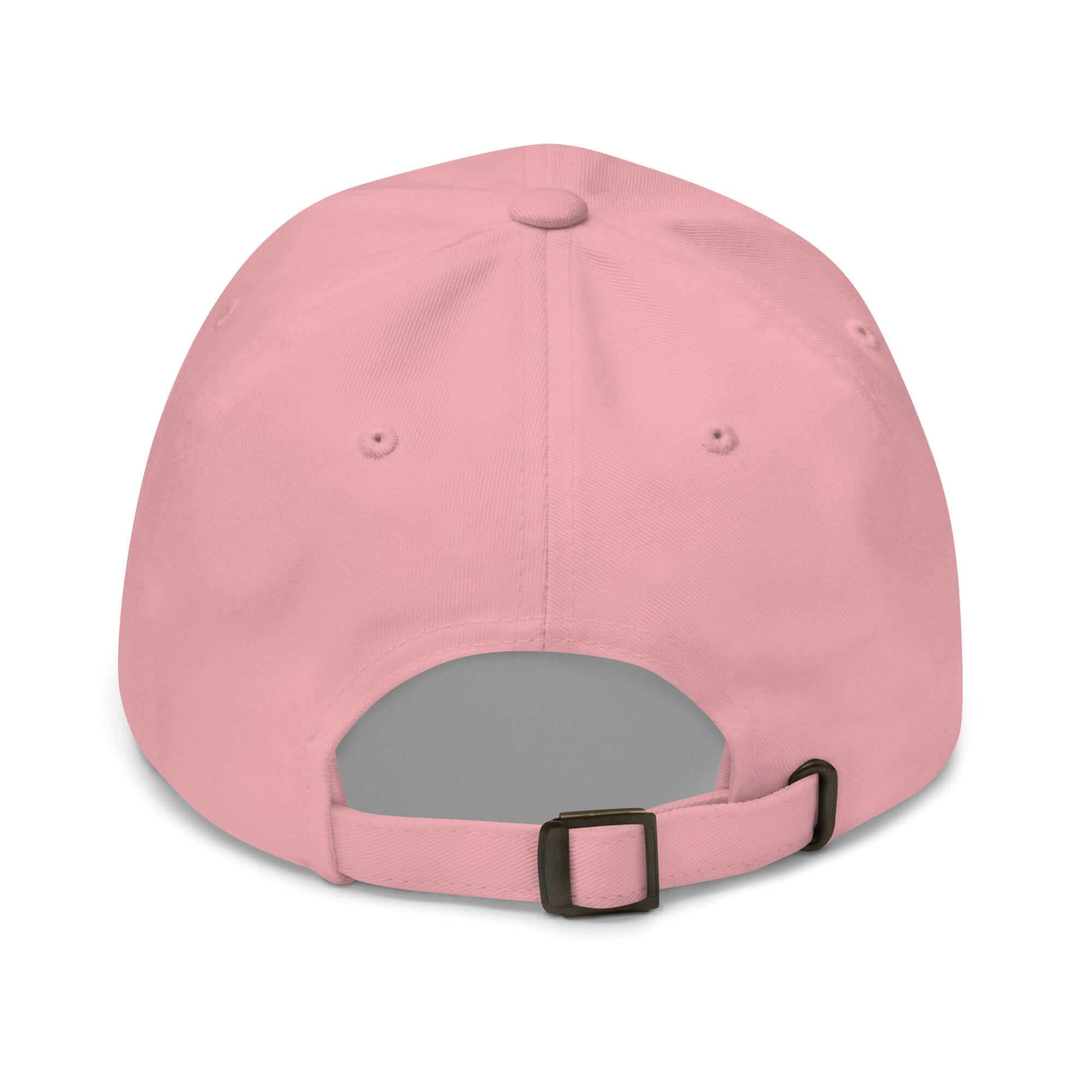 PapiJohn® The Classic Signature Baseball Cap in soft pastel pink back view tracing the seamless adjustable fabric enclosure system anchored by the heritage antique buckle component | Artist-Led Streetwear