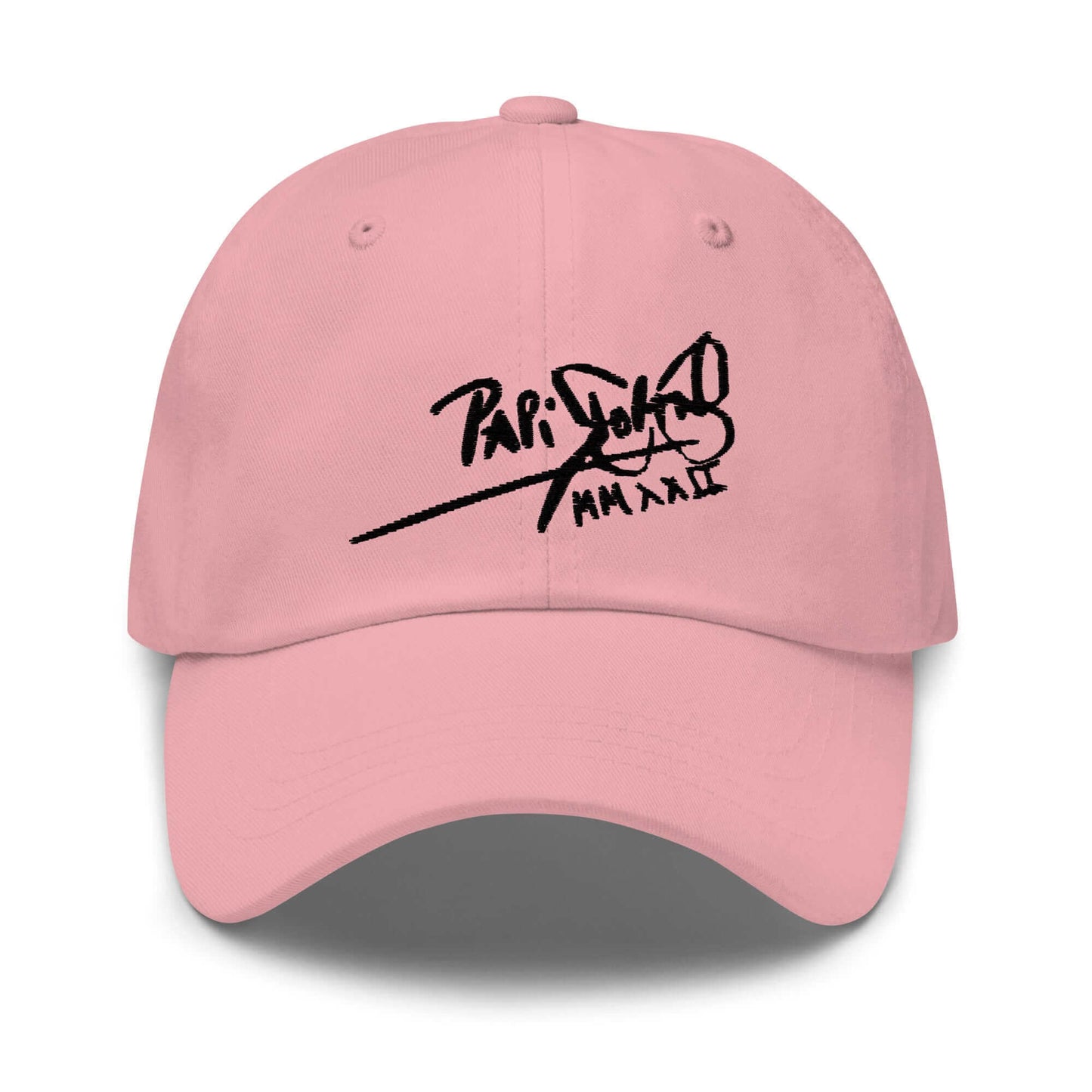 PapiJohn® The Classic Signature Baseball Cap in soft pastel pink front view showcasing the iconic hand-sketched branding script rendered in high-density premium black embroidery | Sala 1 Wearable Art Fashion