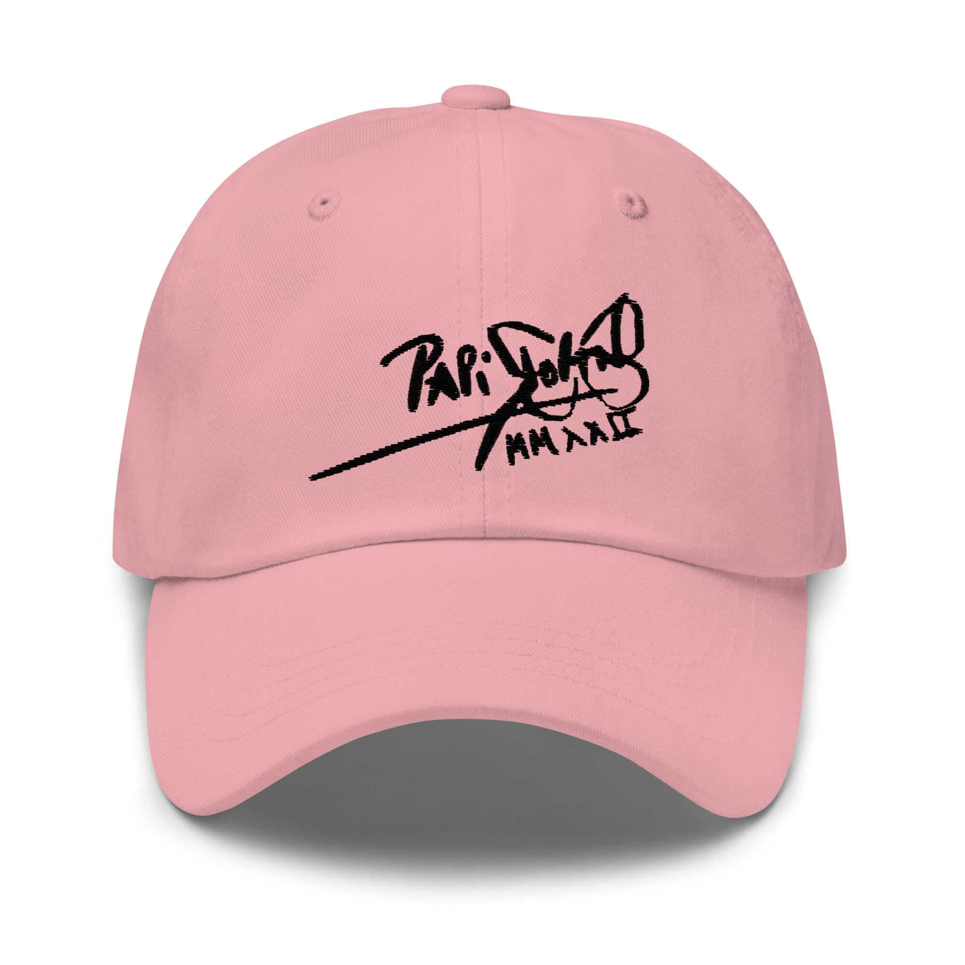 PapiJohn® The Classic Signature Baseball Cap in soft pastel pink front view showcasing the iconic hand-sketched branding script rendered in high-density premium black embroidery | Sala 1 Wearable Art Fashion