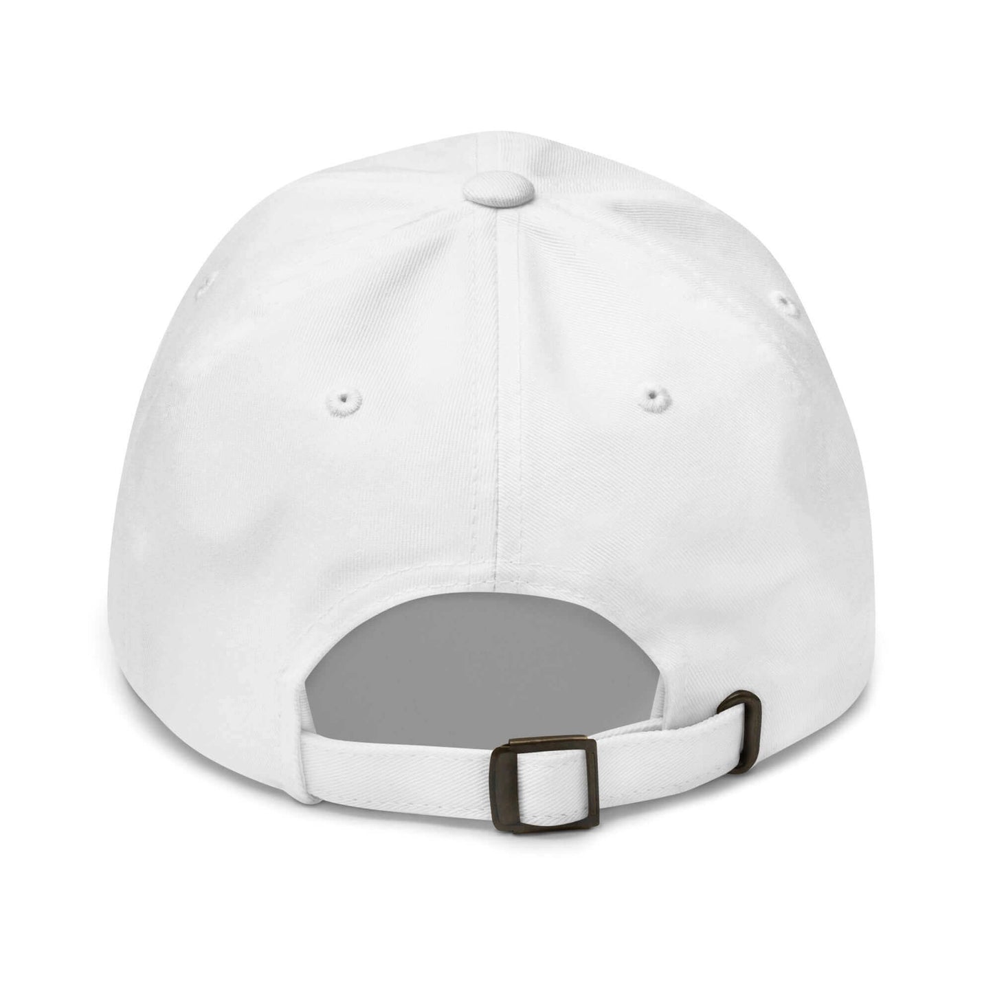 PapiJohn® The Classic Signature Baseball Cap in pristine optic white back layout focusing on the custom adjustable retro metal sizing lock and tailored fabric tracking strap | Artist-Led Streetwear