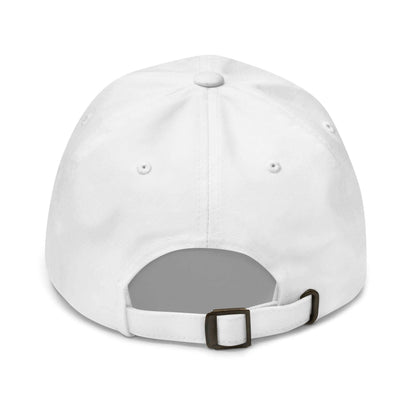 PapiJohn® The Classic Signature Baseball Cap in pristine optic white back layout focusing on the custom adjustable retro metal sizing lock and tailored fabric tracking strap | Artist-Led Streetwear