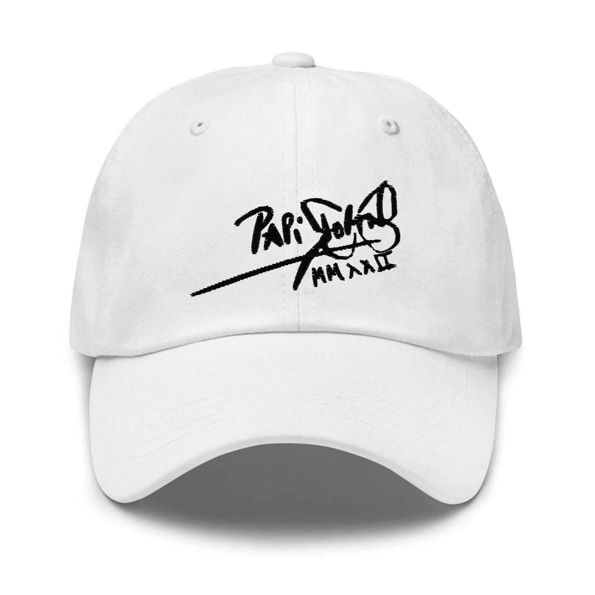 PapiJohn® The Classic Signature Baseball Cap in pristine optic white front view showcasing the ultimate high-fidelity impact of the black calligraphic text embroidered in high relief | Sala 1 Wearable Art Fashion
