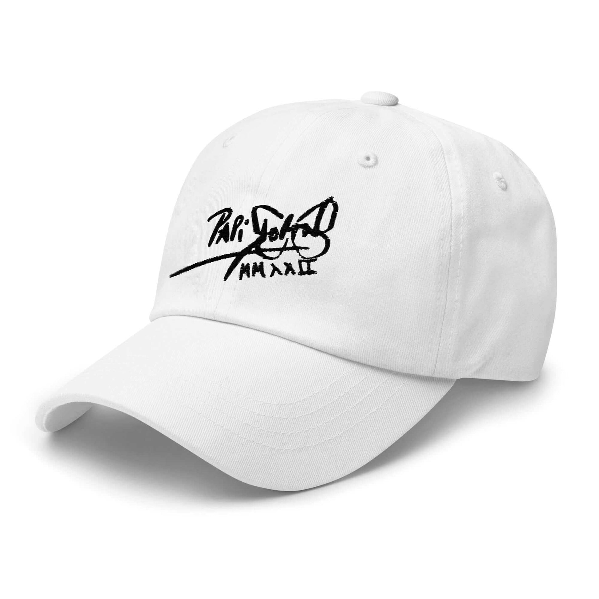 PapiJohn® The Classic Signature Baseball Cap in pristine optic white left profile showing the anatomical unstructured low-profile crown lines and neat pre-curved visor bill | Streetwear d'Auteur