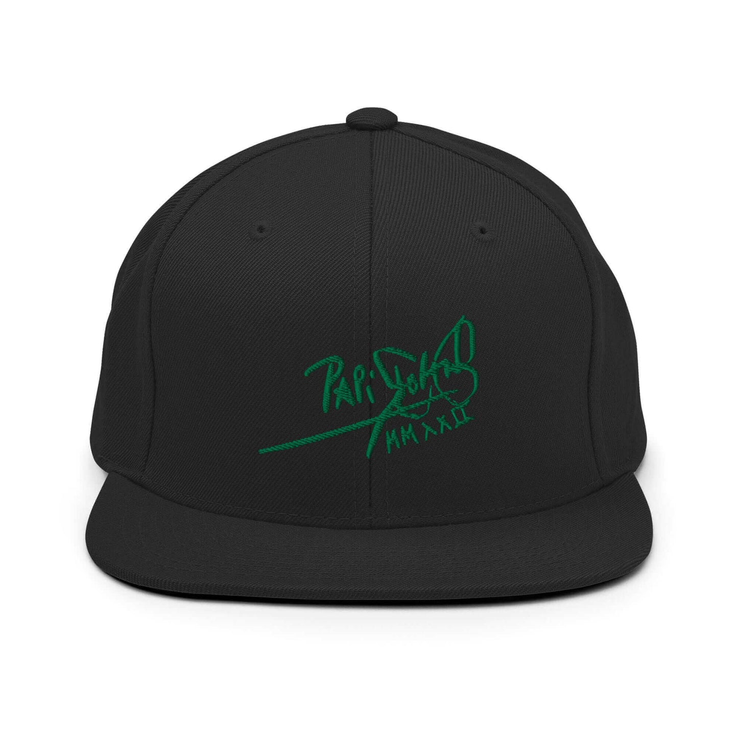 PapiJohn® The Green Signature Classic Snapback in solid black front layout showcasing the intense contrast of the electric green thread signature artwork | Sala 1 Wearable Art Fashion