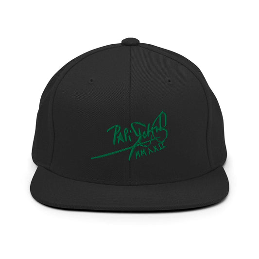 PapiJohn® The Green Signature Classic Snapback in solid black front layout showcasing the intense contrast of the electric green thread signature artwork | Sala 1 Wearable Art Fashion