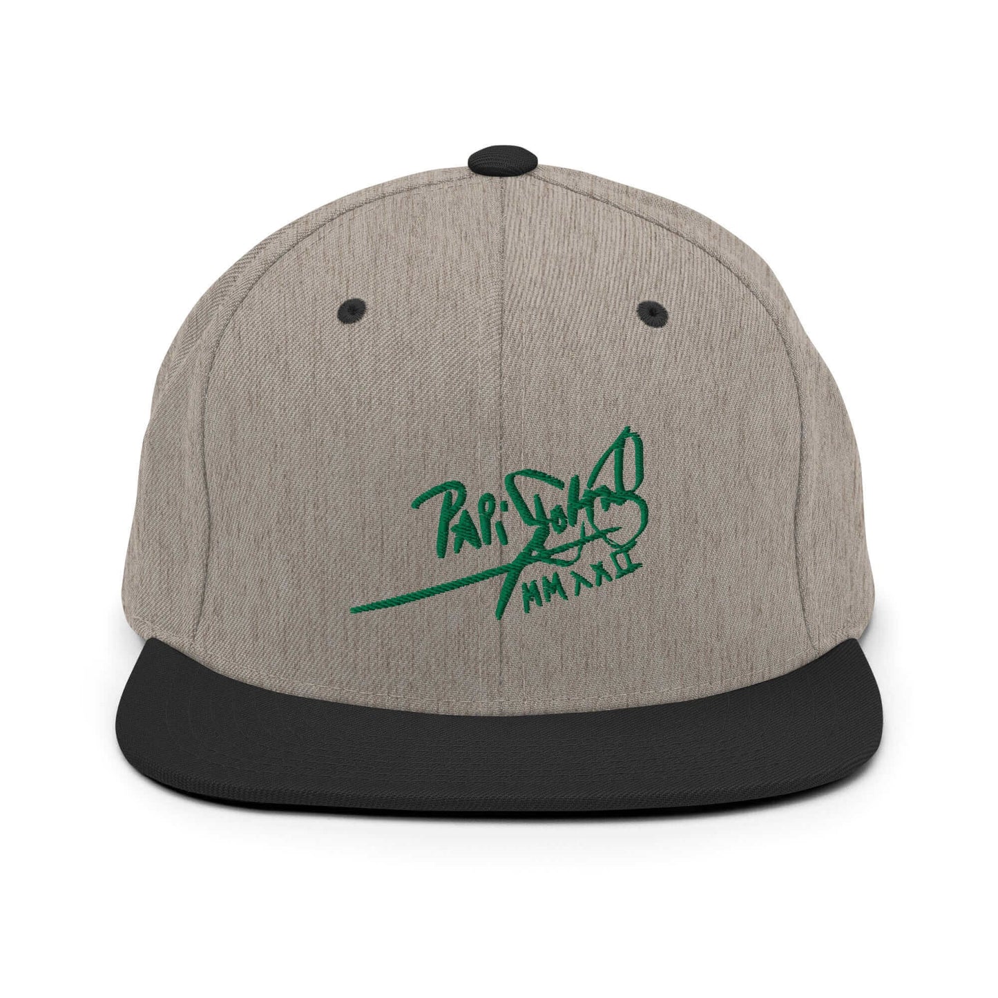 PapiJohn® The Green Signature Classic Snapback in black heather textured weave front view tracing the green calligraphic text over the curated grain matrix | Sala 1 Wearable Art Fashion