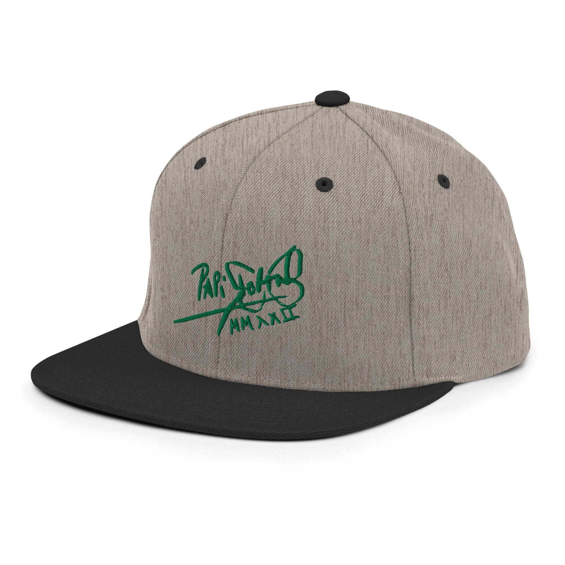 PapiJohn® The Green Signature Classic Snapback in black heather left side macro view detailing individual wool-blend lines by $arah Free 💎 | High-Tier Archive