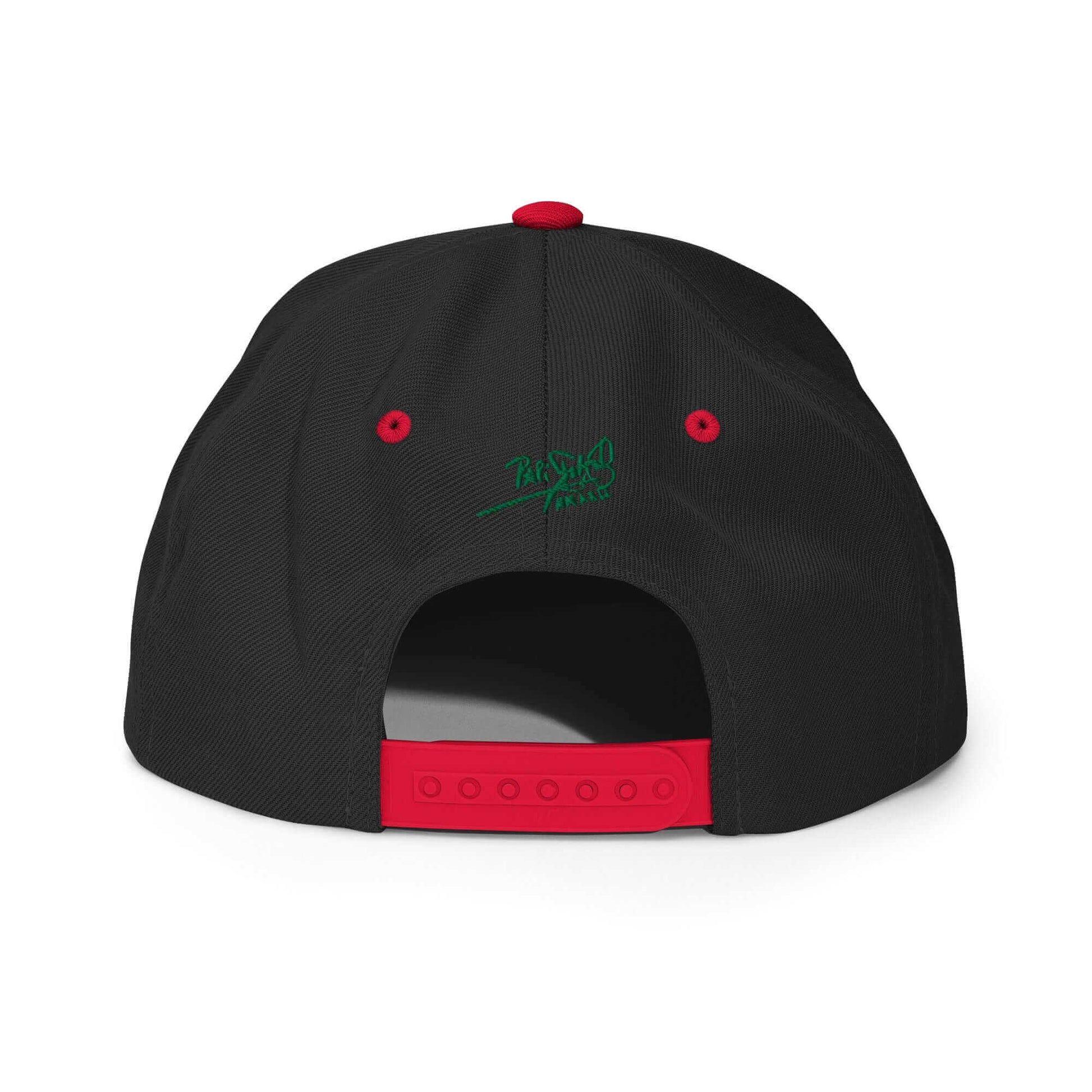 PapiJohn® The Green Signature Classic Snapback in black and red back view tracking the immaculate multi-panel alignment and red closure adjustment strap | Artist-Led Streetwear