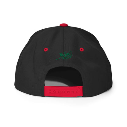 PapiJohn® The Green Signature Classic Snapback in black and red back view tracking the immaculate multi-panel alignment and red closure adjustment strap | Artist-Led Streetwear