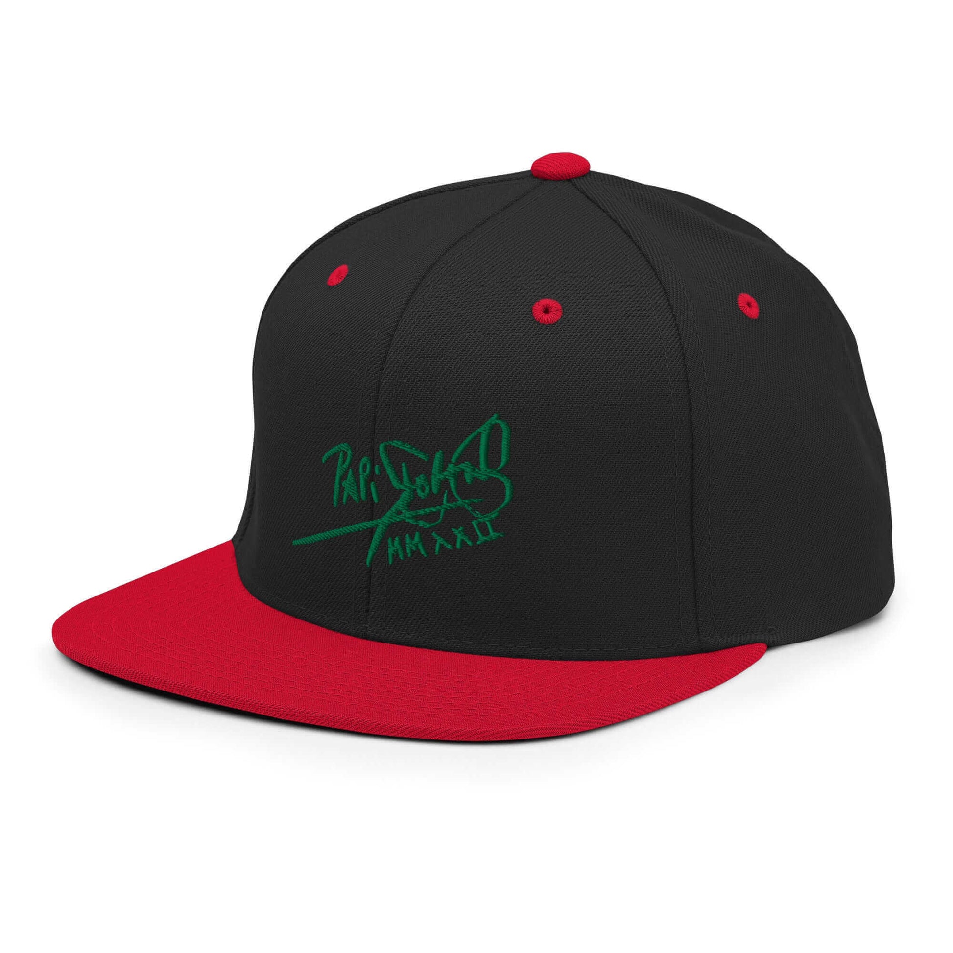 PapiJohn® The Green Signature Classic Snapback in black and red left profile capturing premium fabric tension and meticulous color blocking lines by $arah Free 💎 | High-Tier Archive