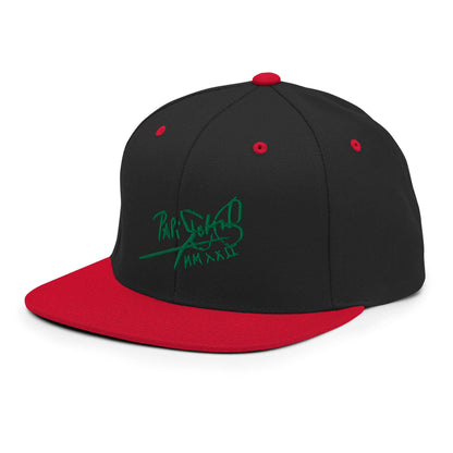 PapiJohn® The Green Signature Classic Snapback in black and red left profile capturing premium fabric tension and meticulous color blocking lines by $arah Free 💎 | High-Tier Archive