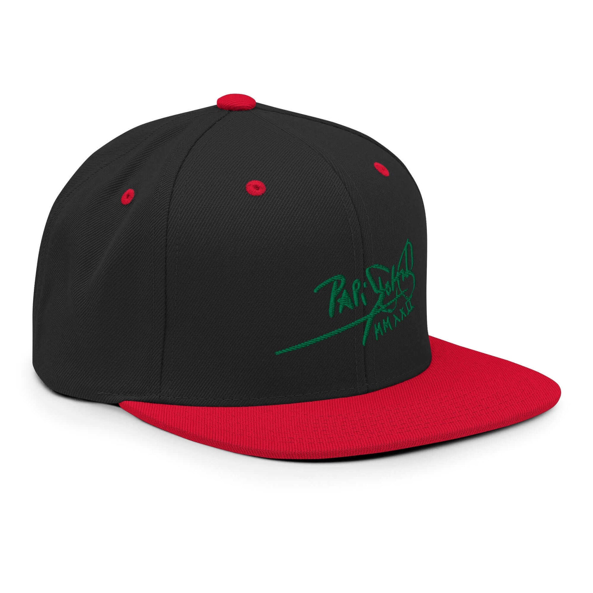 PapiJohn® The Green Signature Classic Snapback in black and red right profile displaying the modern high-profile crown height and red flat bill architecture | Streetwear d'Auteur
