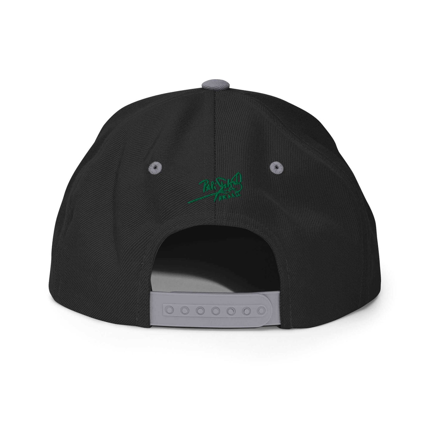 PapiJohn® The Green Signature Classic Snapback in black and silver back perspective tracing the perfect seam intersections and custom adjustable strap hardware | Artist-Led Streetwear