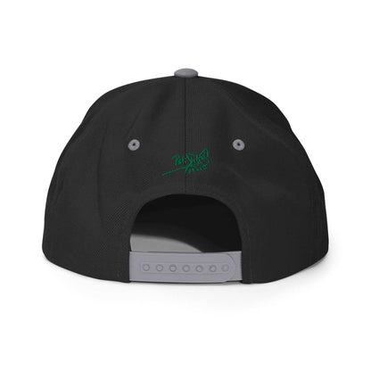 PapiJohn® The Green Signature Classic Snapback in black and silver back perspective tracing the perfect seam intersections and custom adjustable strap hardware | Artist-Led Streetwear