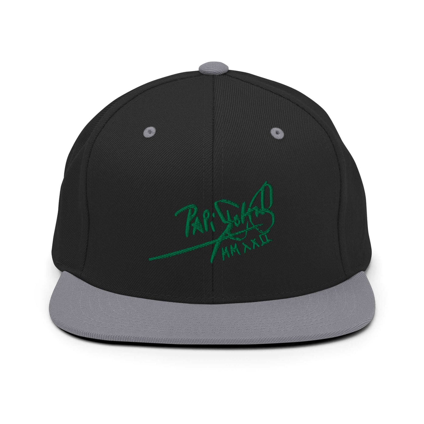 PapiJohn® The Green Signature Classic Snapback in black and silver split layout highlighting the bold green tridimensional script on the dark structured front | Sala 1 Wearable Art Fashion
