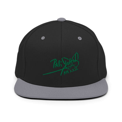 PapiJohn® The Green Signature Classic Snapback in black and silver split layout highlighting the bold green tridimensional script on the dark structured front | Sala 1 Wearable Art Fashion