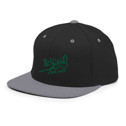 PapiJohn® The Green Signature Classic Snapback in black and silver left profile showcasing the exquisite canvas weave layout and assembly lines by $arah Free 💎 | High-Tier Archive