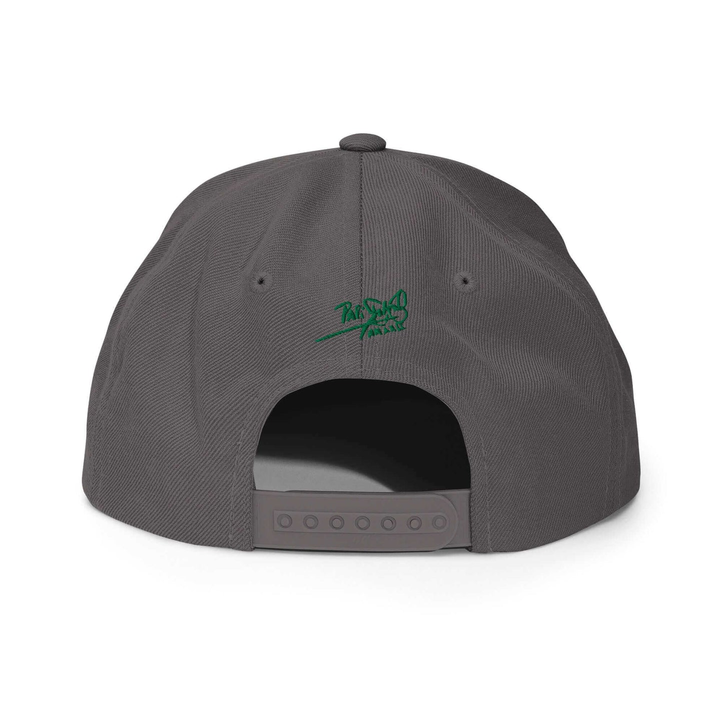 PapiJohn® The Green Signature Classic Snapback in industrial dark grey back view highlighting the multi-position snapback adjustment strap and neat stitching | Artist-Led Streetwear