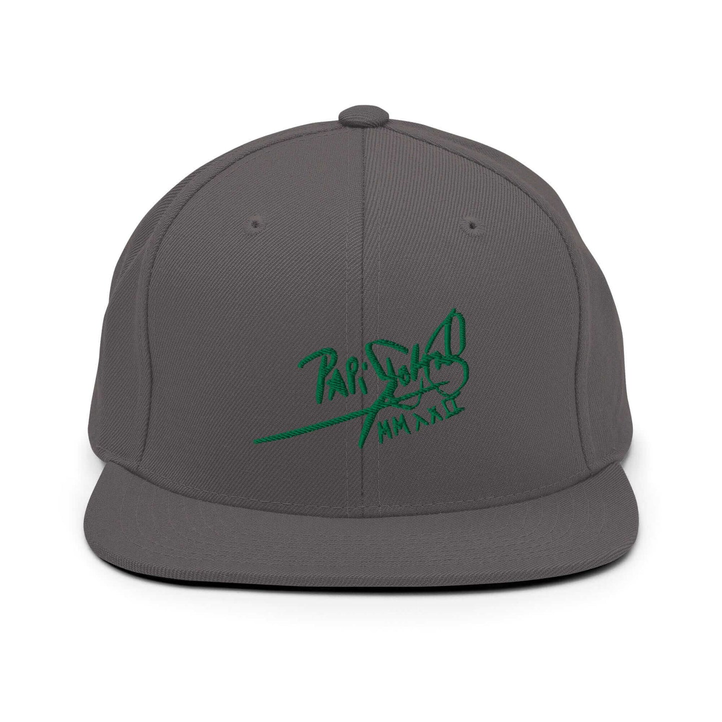 PapiJohn® The Green Signature Classic Snapback in industrial dark grey front view tracking the green high-density tridimensional stitch layout | Sala 1 Wearable Art Fashion
