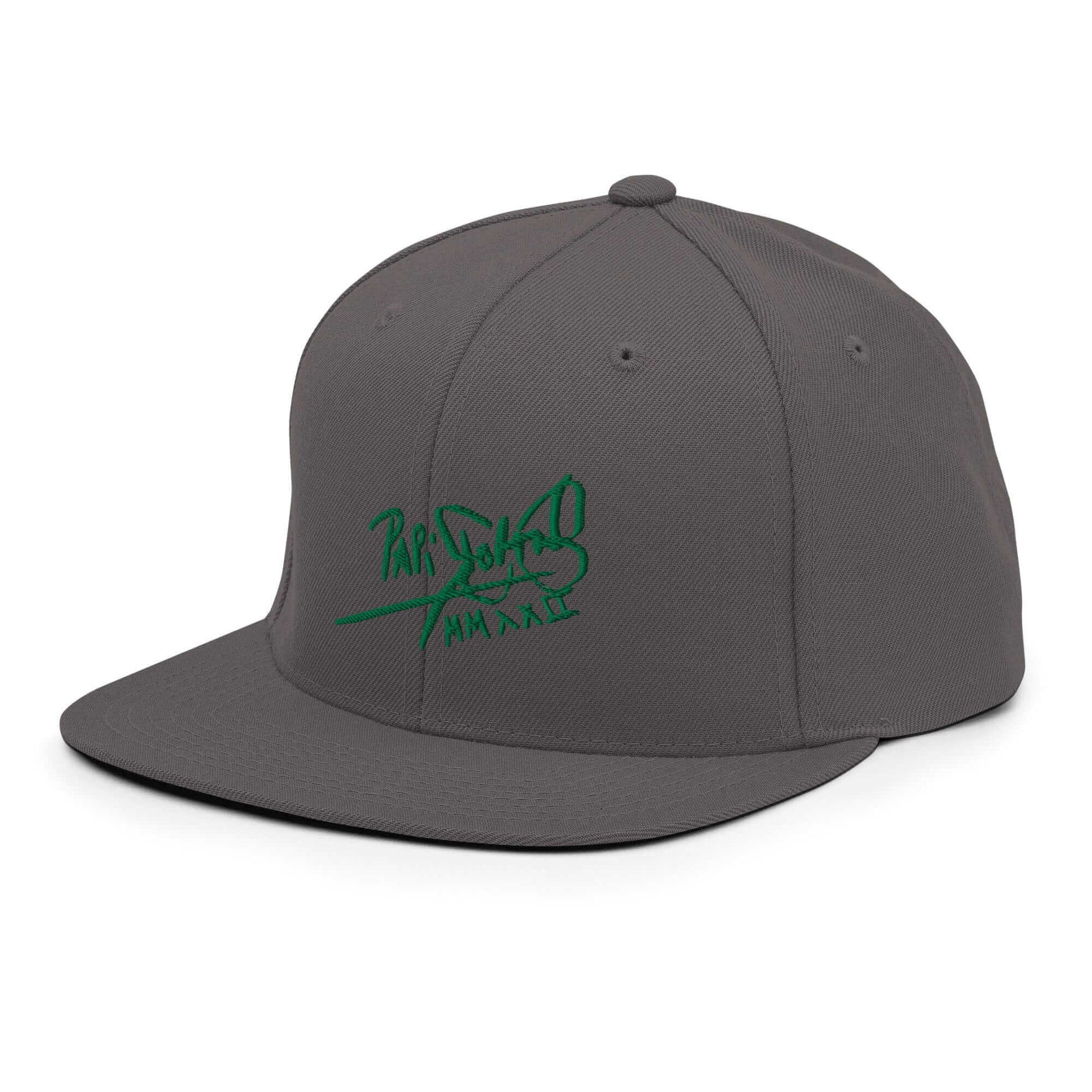 PapiJohn® The Green Signature Classic Snapback in industrial dark grey left side close-up capturing the flawless technical canvas build by $arah Free 💎 | High-Tier Archive