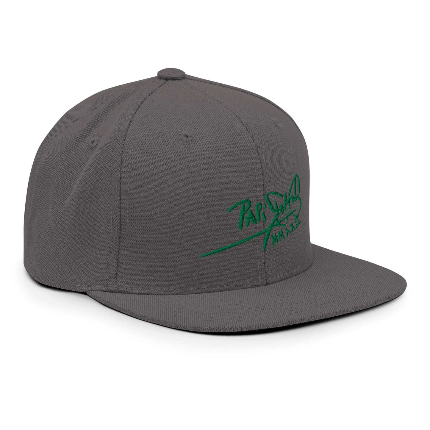 PapiJohn® The Green Signature Classic Snapback in industrial dark grey right profile displaying the high crown elevation line and clean visor shape | Streetwear d'Auteur