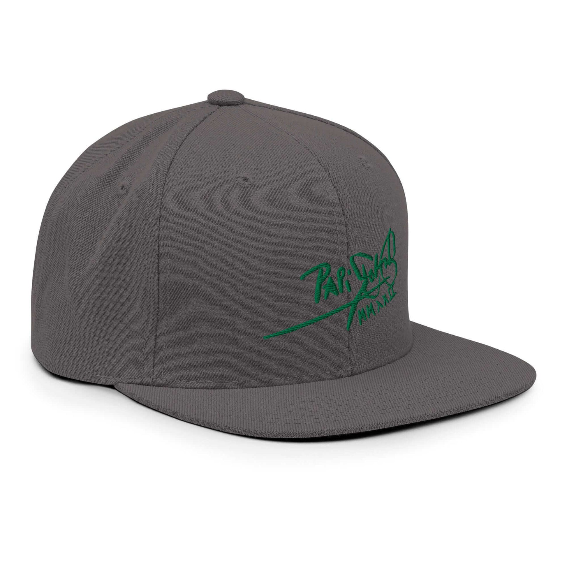 PapiJohn® The Green Signature Classic Snapback in industrial dark grey right profile displaying the high crown elevation line and clean visor shape | Streetwear d'Auteur