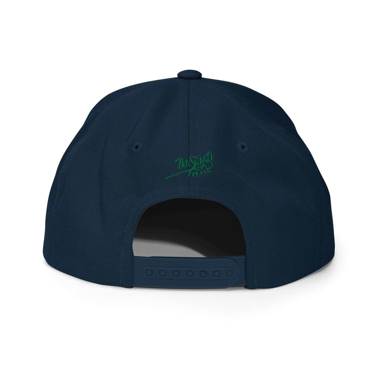 PapiJohn® The Green Signature Classic Snapback in dark navy back view tracing the precise panel geometry and adjustable retro snapback closure layout | Artist-Led Streetwear