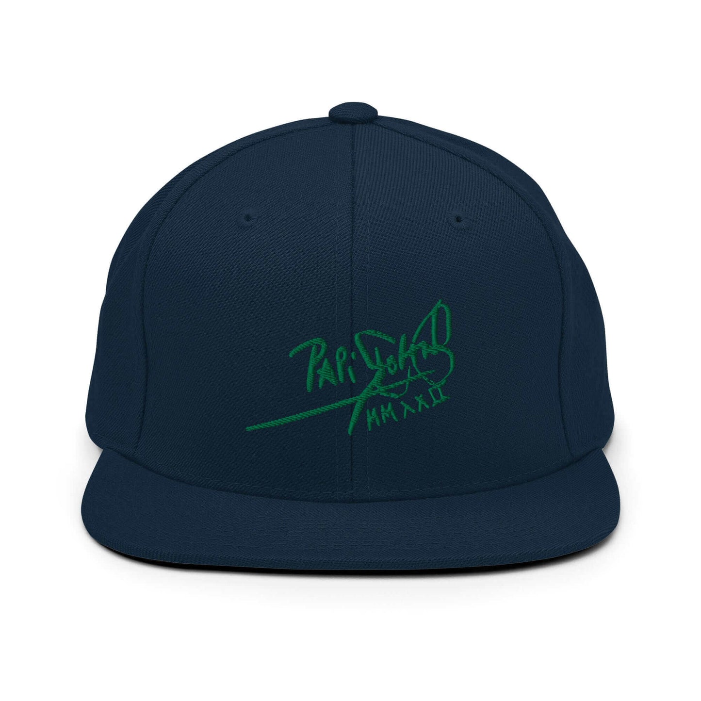 PapiJohn® The Green Signature Classic Snapback in dark navy front view highlighting the vibrant green calligraphic branding text embroidered in dense high-density premium thread | Sala 1 Wearable Art Fashion