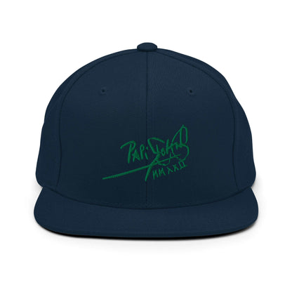 PapiJohn® The Green Signature Classic Snapback in dark navy front view highlighting the vibrant green calligraphic branding text embroidered in dense high-density premium thread | Sala 1 Wearable Art Fashion