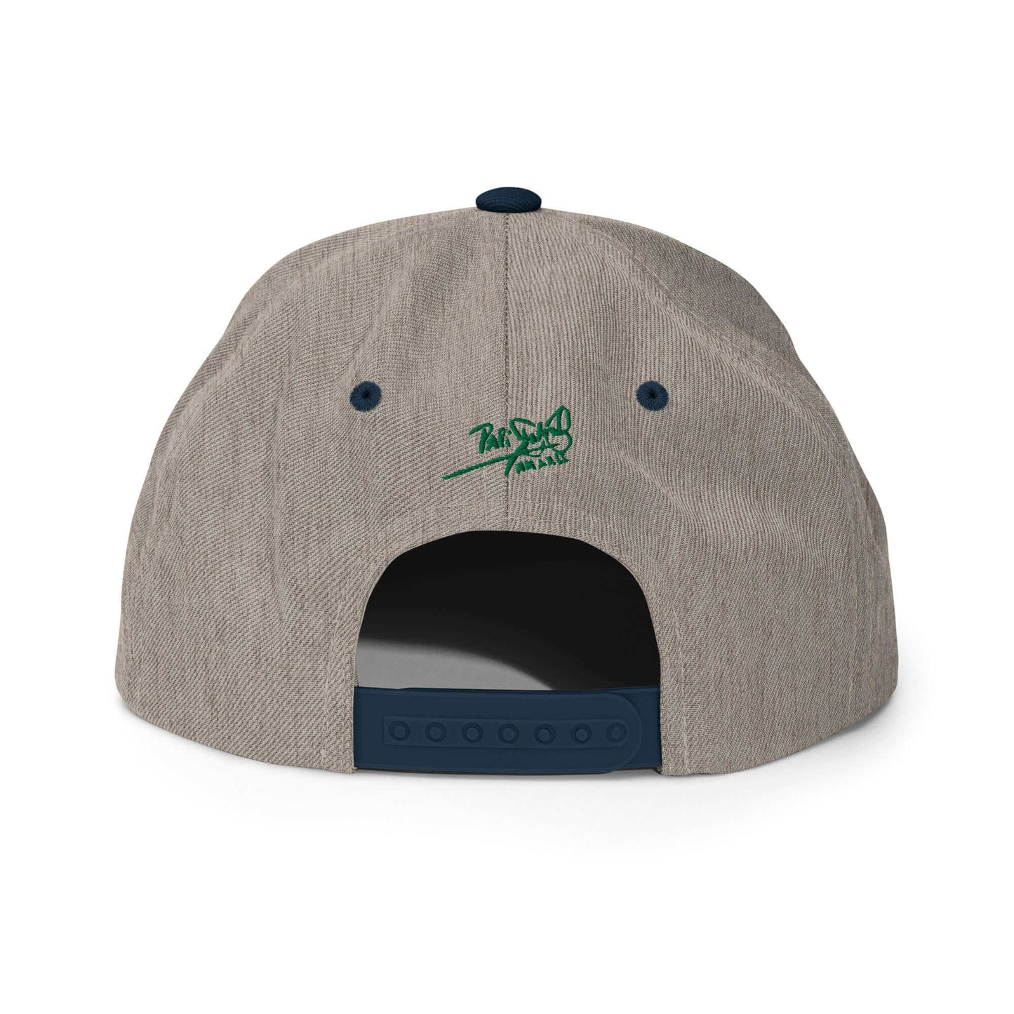 PapiJohn® The Green Signature Classic Snapback in grey and navy back layout tracing the premium panel adjustment system and neat stitching | Artist-Led Streetwear
