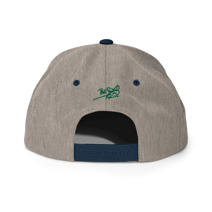 PapiJohn® The Green Signature Classic Snapback in grey and navy back layout tracing the premium panel adjustment system and neat stitching | Artist-Led Streetwear