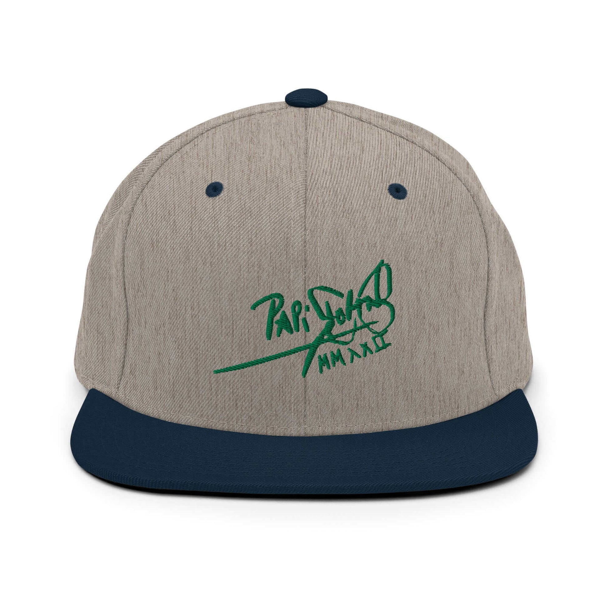 PapiJohn® The Green Signature Classic Snapback in grey and navy dual-tone panel front view accentuating the green embroidery structure over the crown | Sala 1 Wearable Art Fashion