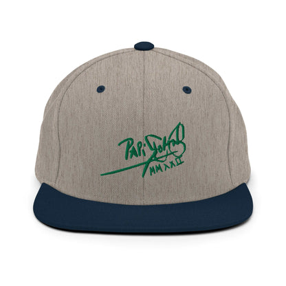 PapiJohn® The Green Signature Classic Snapback in grey and navy dual-tone panel front view accentuating the green embroidery structure over the crown | Sala 1 Wearable Art Fashion