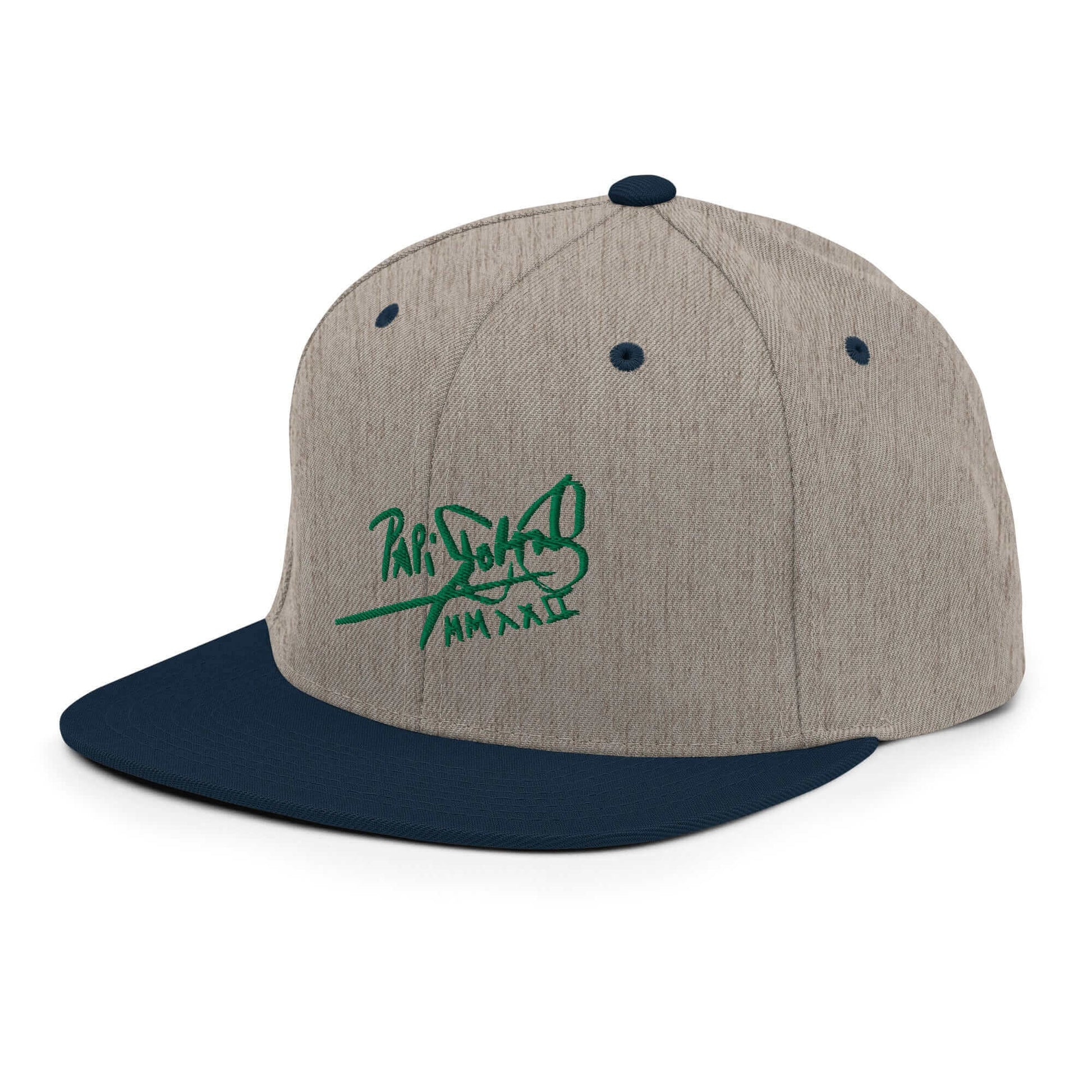 PapiJohn® The Green Signature Classic Snapback in grey and navy left side close-up showcasing multi-panel weave texture by $arah Free 💎 | High-Tier Archive