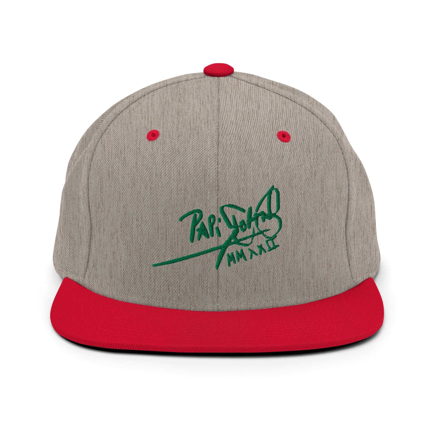 PapiJohn® The Green Signature Classic Snapback in grey and red contrast front view highlighting the bold green volumetric stitch script manifesto | Sala 1 Wearable Art Fashion