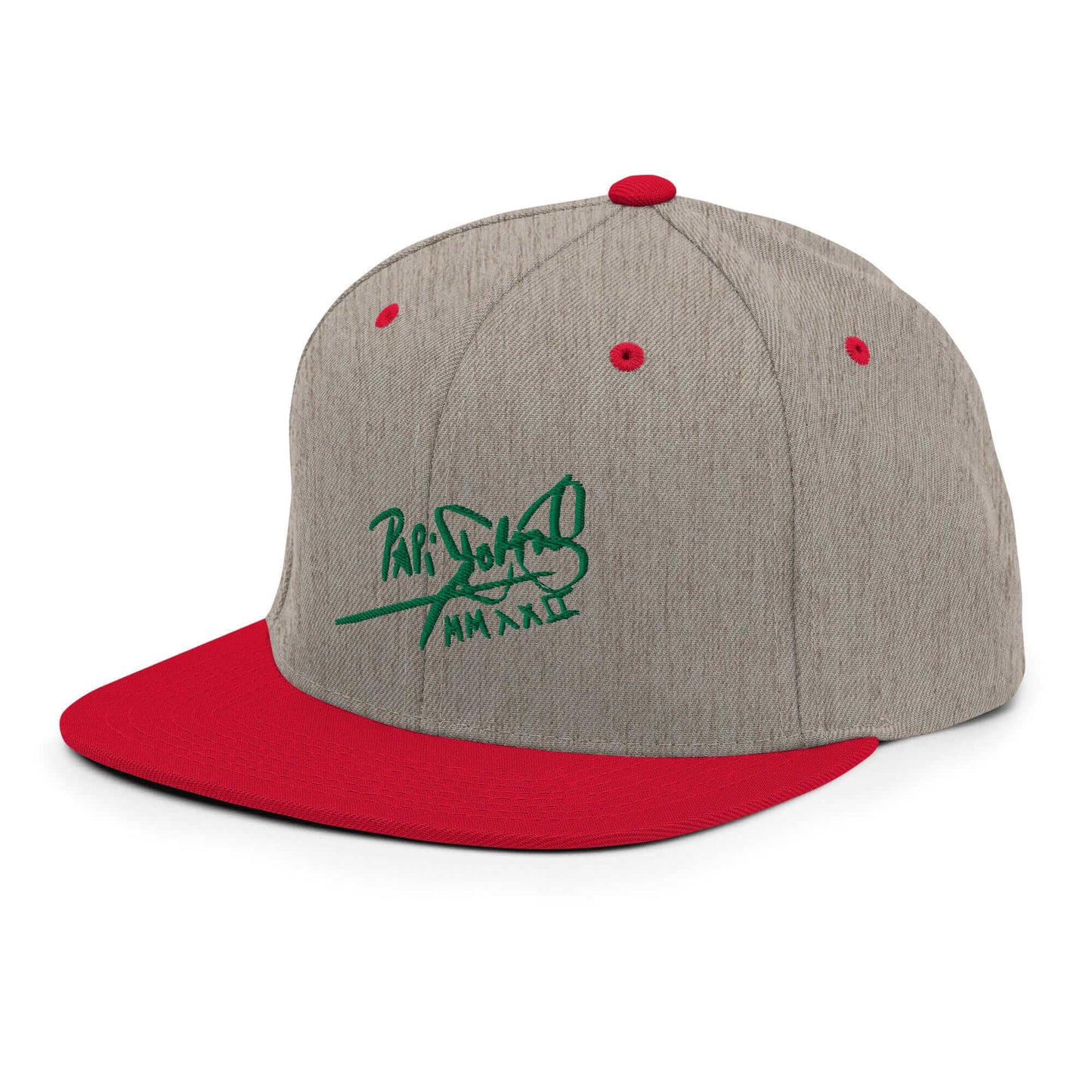 PapiJohn® The Green Signature Classic Snapback in grey and red left macro close-up view capturing the classical wool weave density by $arah Free 💎 | High-Tier Archive
