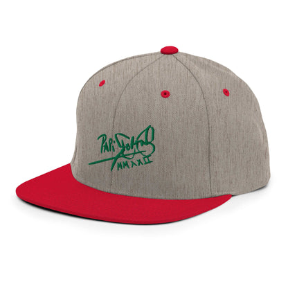 PapiJohn® The Green Signature Classic Snapback in grey and red left macro close-up view capturing the classical wool weave density by $arah Free 💎 | High-Tier Archive
