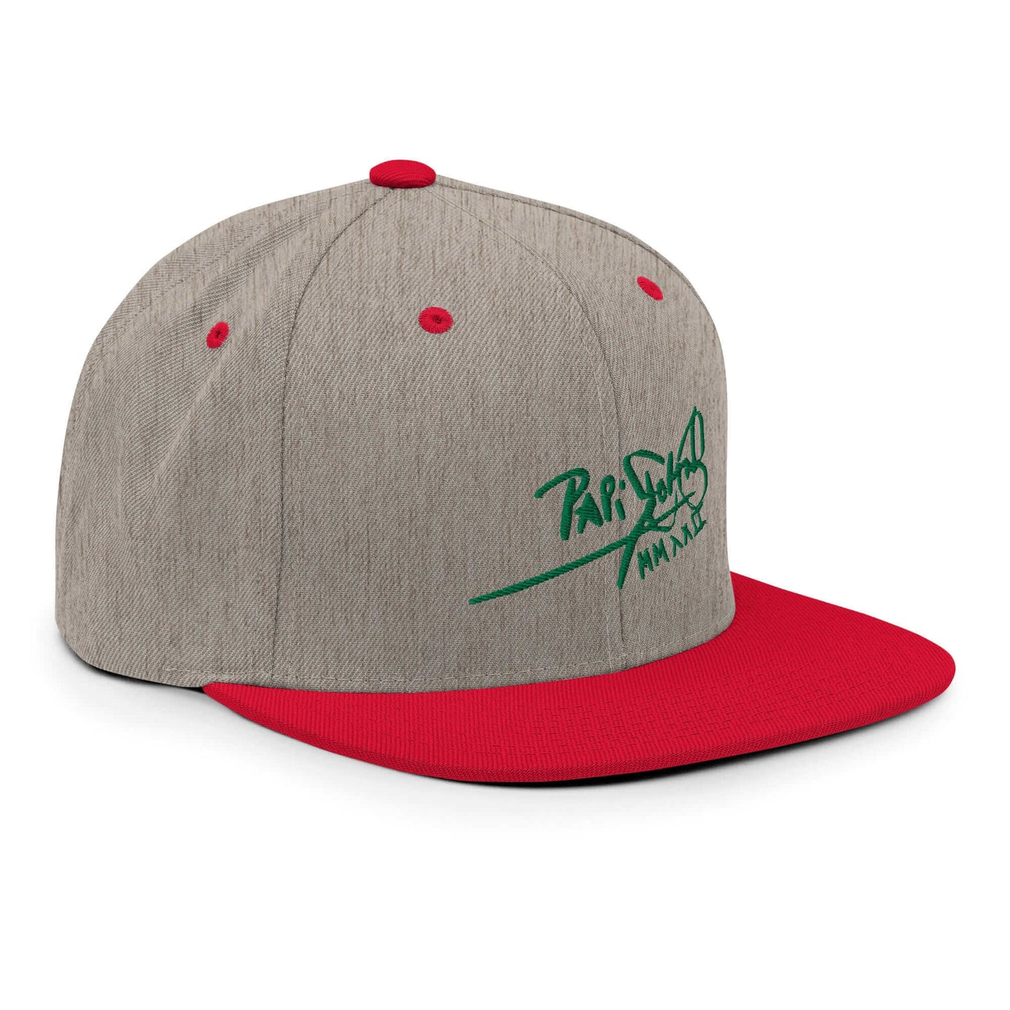 PapiJohn® The Green Signature Classic Snapback in grey and red right profile displaying the geometric crown height and red flat bill curvature | Streetwear d'Auteur