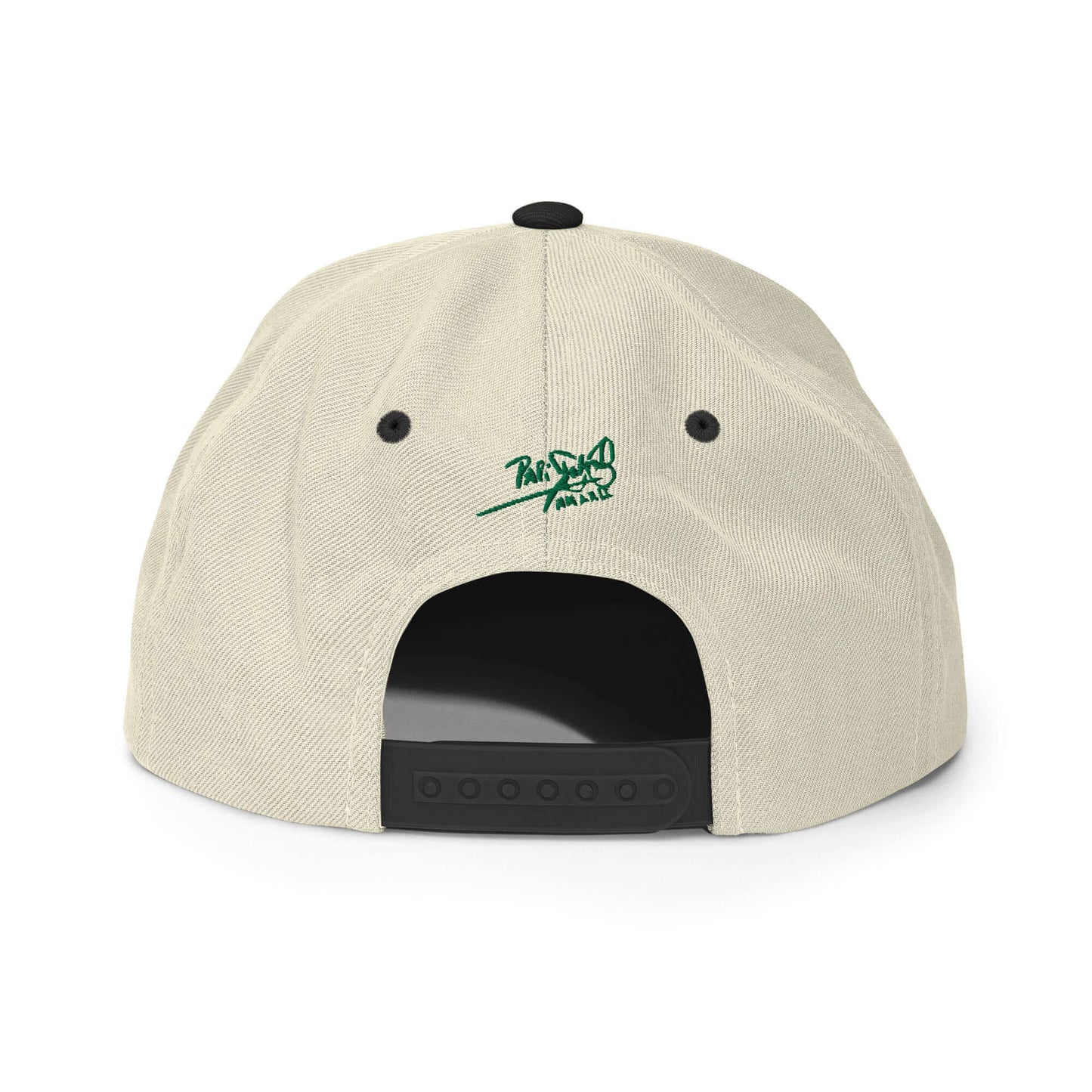 PapiJohn® The Green Signature Classic Snapback in raw natural and black panels back view highlighting the perfect structural geometry and custom snap strap finish | Artist-Led Streetwear