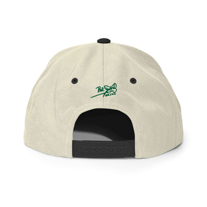 PapiJohn® The Green Signature Classic Snapback in raw natural and black panels back view highlighting the perfect structural geometry and custom snap strap finish | Artist-Led Streetwear