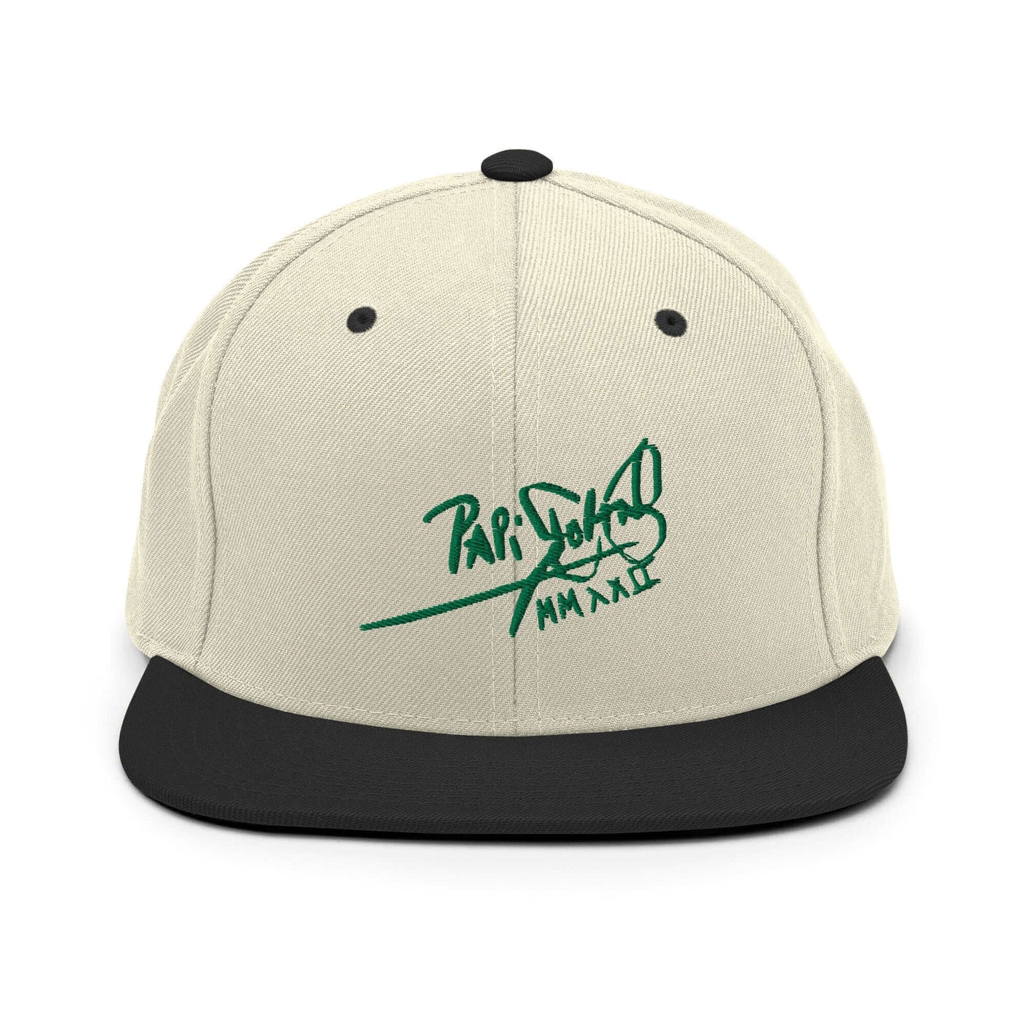 PapiJohn® The Green Signature Classic Snapback in raw natural and black panels front view rendering the ultimate organic contrast for the green signature thread | Sala 1 Wearable Art Fashion