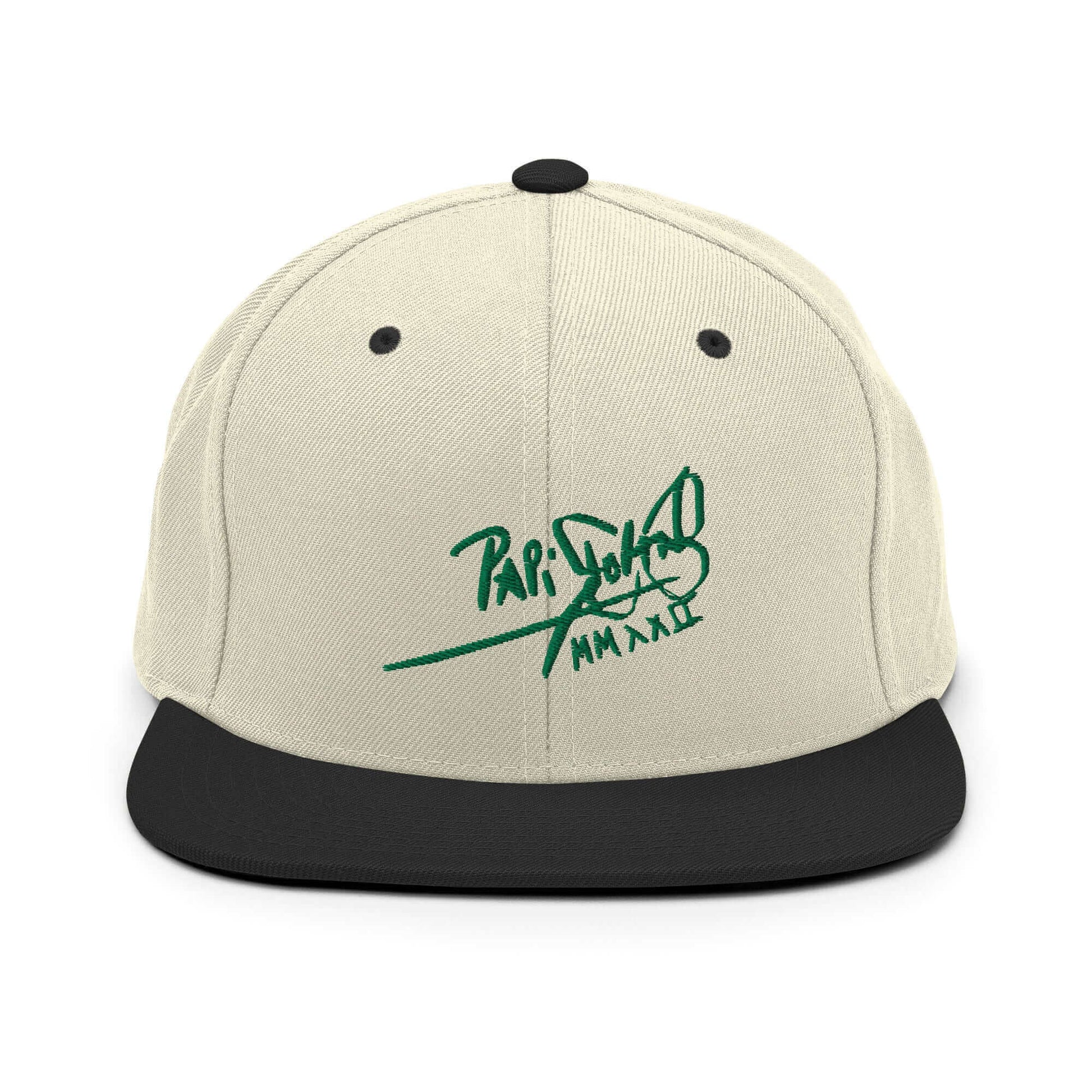 PapiJohn® The Green Signature Classic Snapback in raw natural and black panels front view rendering the ultimate organic contrast for the green signature thread | Sala 1 Wearable Art Fashion