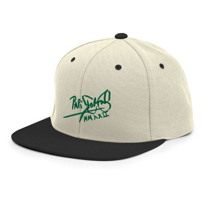 PapiJohn® The Green Signature Classic Snapback in raw natural and black panels left side profile highlighting the clean geometric crown structure and flat bill line by $arah Free 💎 | High-Tier Archive