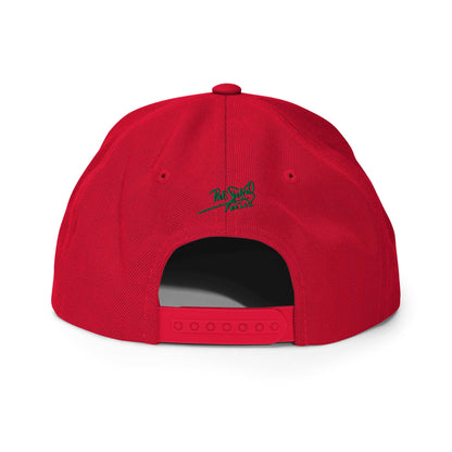 PapiJohn® The Green Signature Classic Snapback in vibrant crimson red back perspective mapping the clean panel connections and classic retro sizing mechanism | Artist-Led Streetwear
