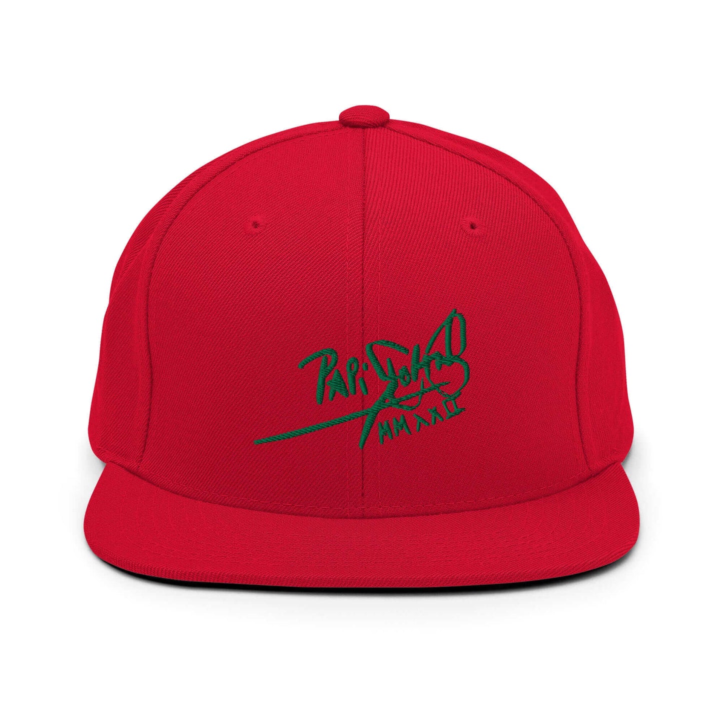 PapiJohn® The Green Signature Classic Snapback in vibrant crimson red front view accentuating the striking contrast of the bright green high-relief embroidered text | Sala 1 Wearable Art Fashion
