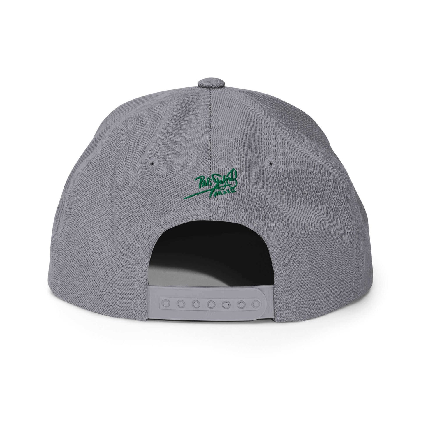 PapiJohn® The Green Signature Classic Snapback in metallic silver back layout tracking the high-profile reinforcement seams and snap closure mechanism | Artist-Led Streetwear