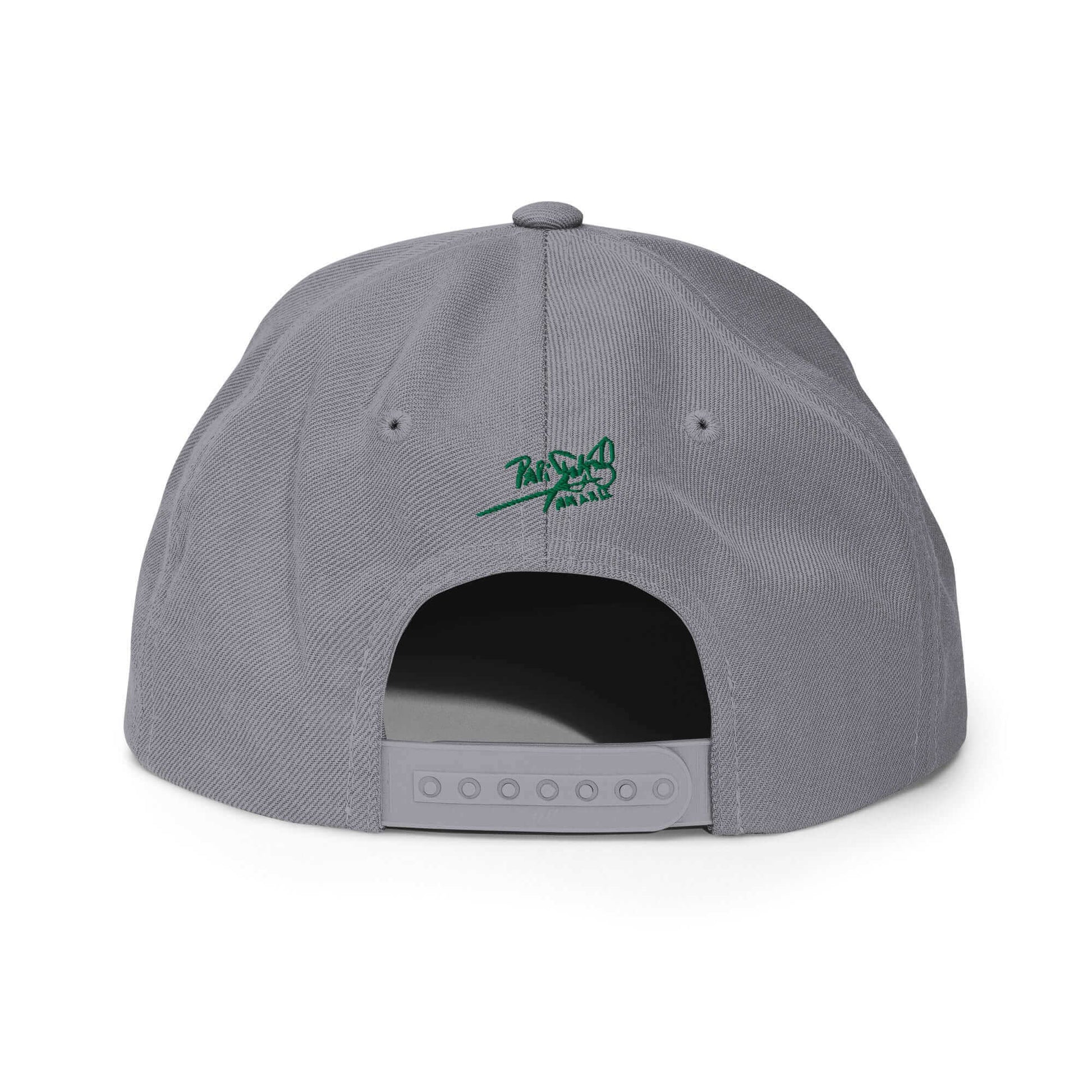 PapiJohn® The Green Signature Classic Snapback in metallic silver back layout tracking the high-profile reinforcement seams and snap closure mechanism | Artist-Led Streetwear