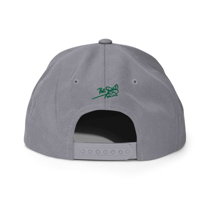 PapiJohn® The Green Signature Classic Snapback in metallic silver back layout tracking the high-profile reinforcement seams and snap closure mechanism | Artist-Led Streetwear