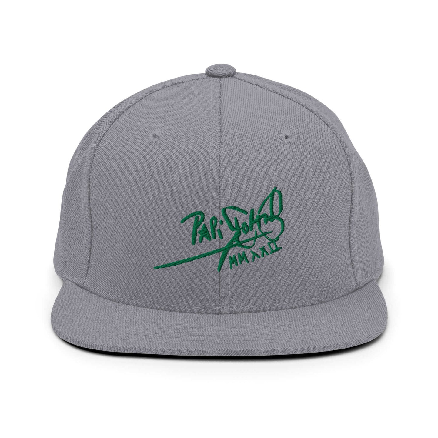 PapiJohn® The Green Signature Classic Snapback in metallic silver canvas front view focusing on the clean definitions of the volumetric green embroidered script | Sala 1 Wearable Art Fashion