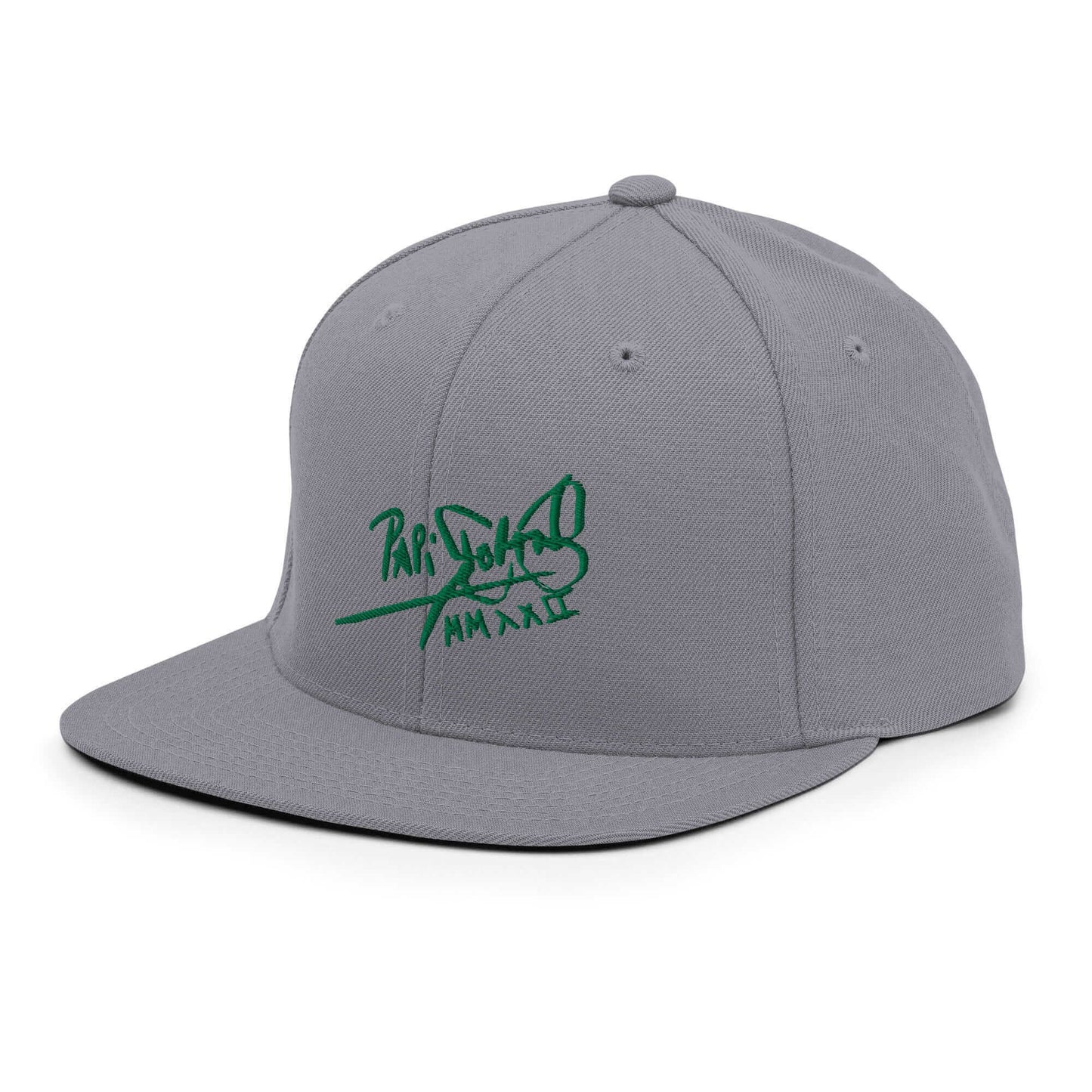 PapiJohn® The Green Signature Classic Snapback in metallic silver close-up left side layout showcasing the immaculate industrial thread weave by $arah Free 💎 | High-Tier Archive
